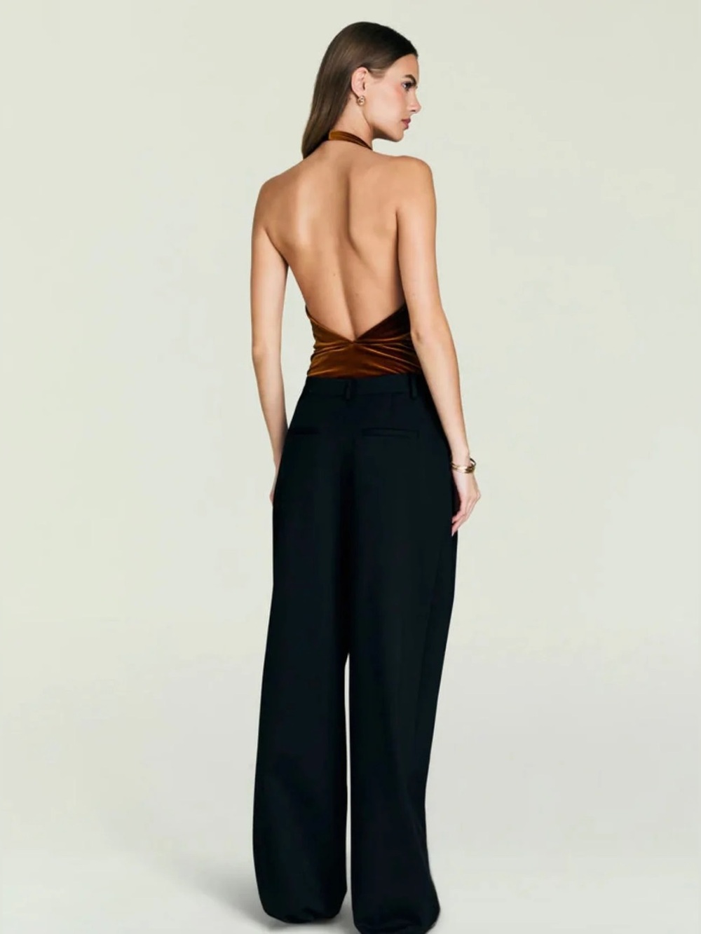 NWT SER.O.YA Vika Velvet Bodysuit Sleeveless Halterneck Brown Orange Marigold XS - Picture 2 of 8
